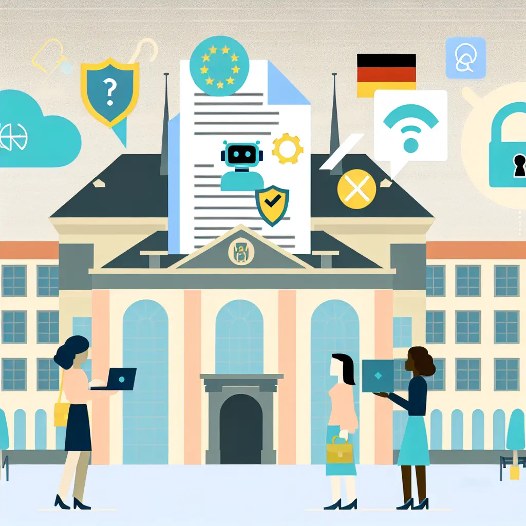 Illustratie van AI-beleid aan Duitse universiteiten met studenten die richtlijnen bekijken