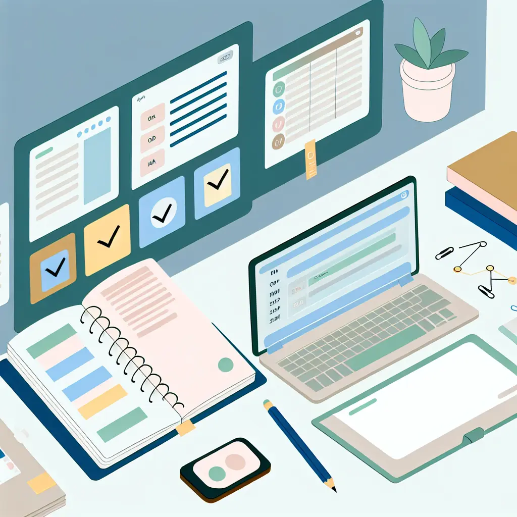 Organized workspace showing documentation process with laptop, notebooks and color-coded materials