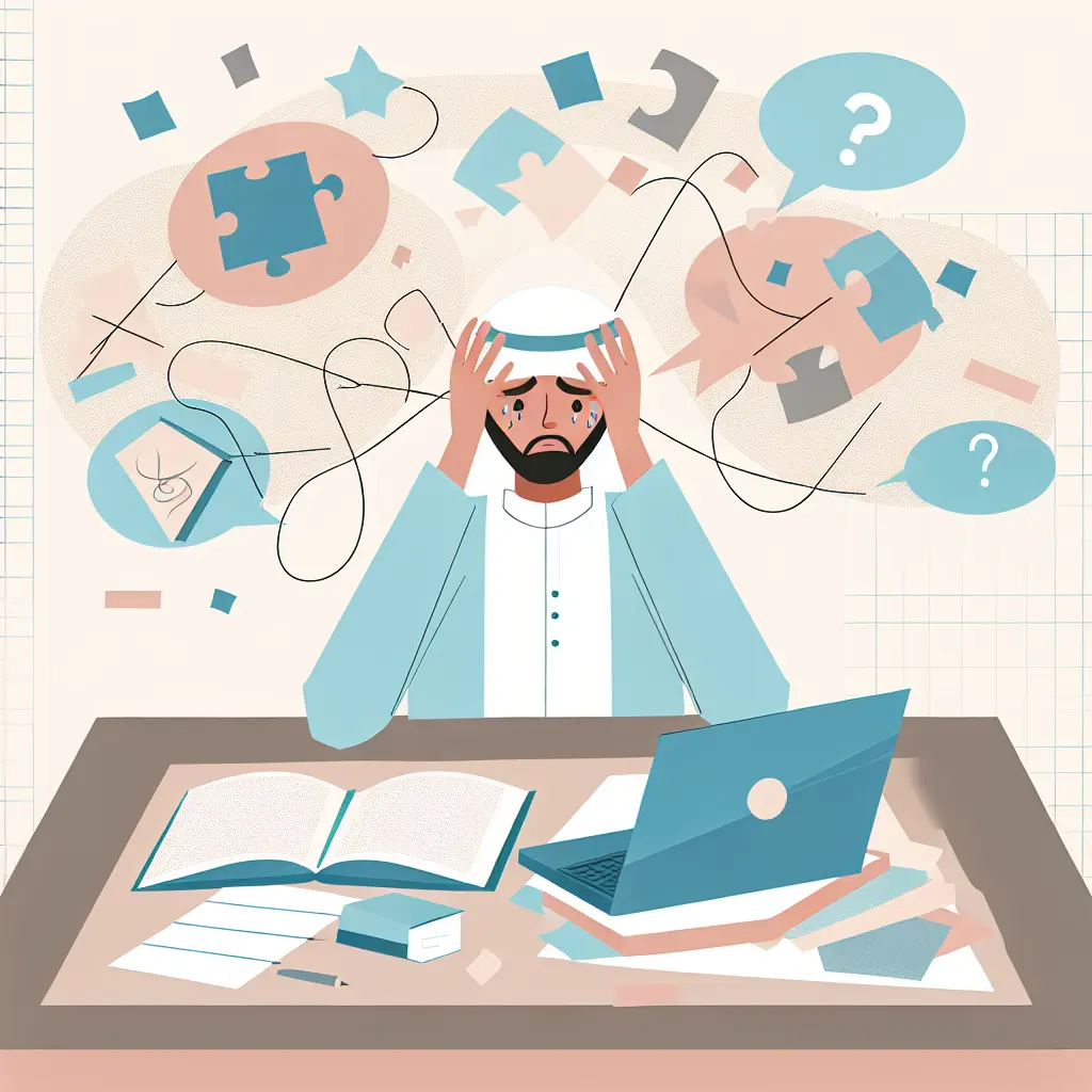 Illustratie van een student die worstelt met het structureren van academisch werk