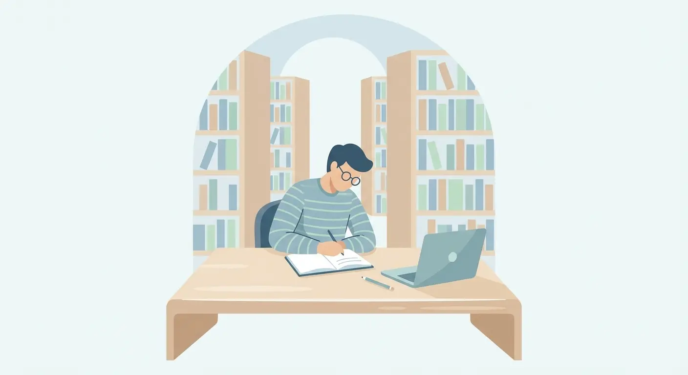 Student writing a dissertation at a desk in a university library, with open notebook and books in the background