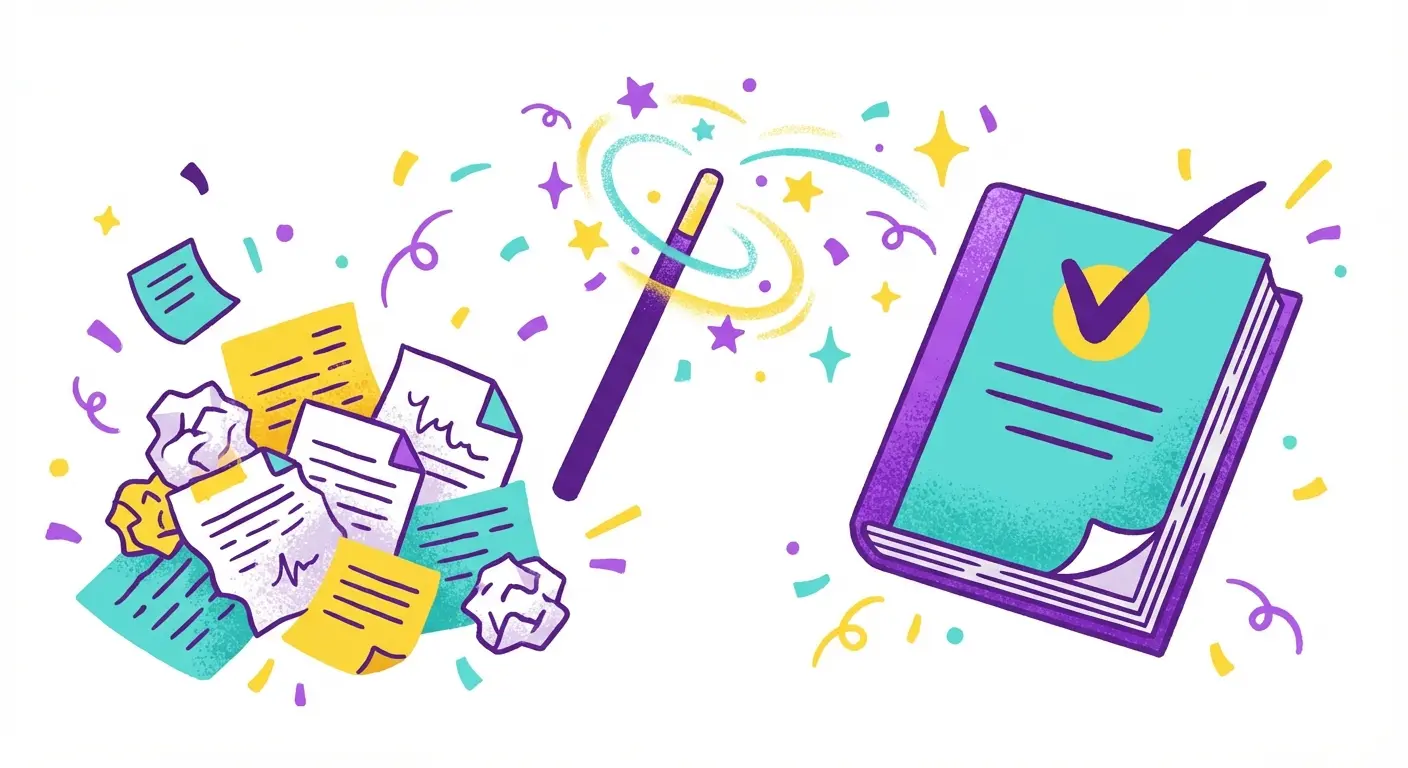 Magic wand transforming messy papers into an organized thesis