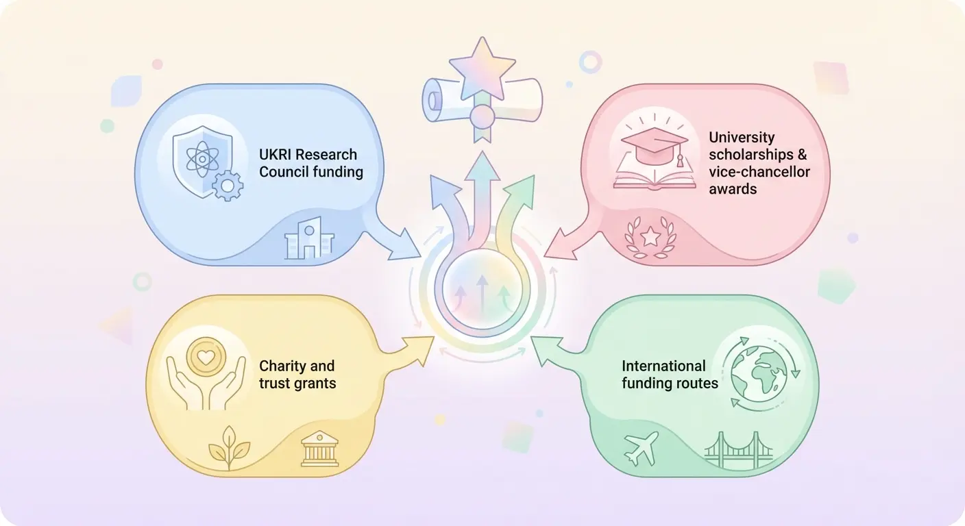Overview of the four main UK PhD funding routes in 2026: UKRI Research Councils, university scholarships, charity grants, and international funding programmes