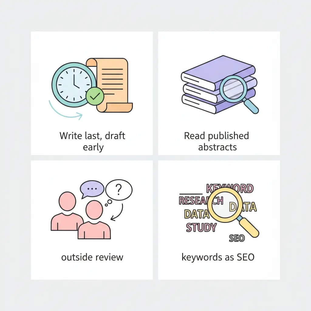 Thesis abstract writing tips infographic showing icons for drafting early, reading published abstracts, peer review, and keyword strategy