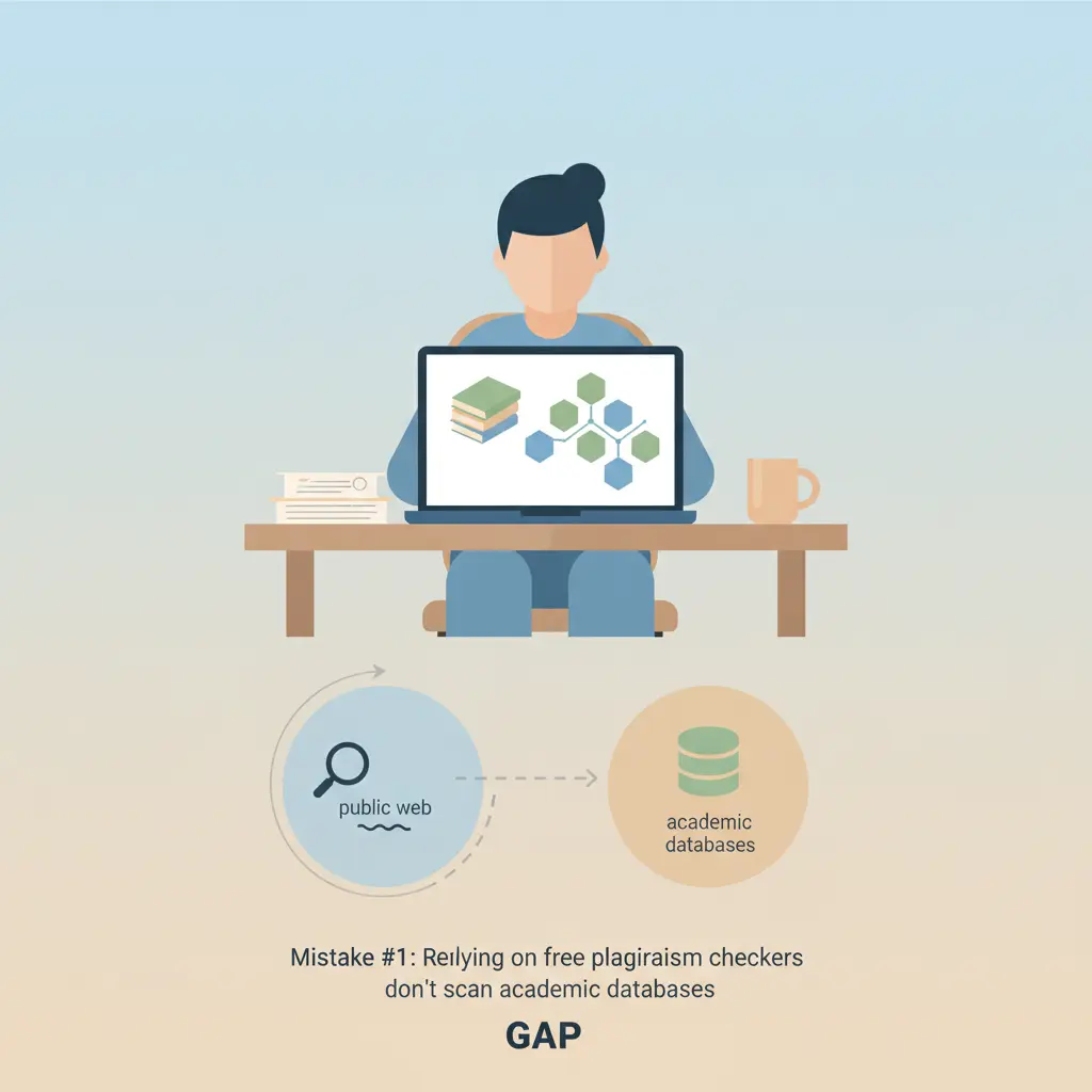 Student at desk using laptop to check academic databases for thesis plagiarism — illustrating the gap between free plagiarism checkers and institutional tools