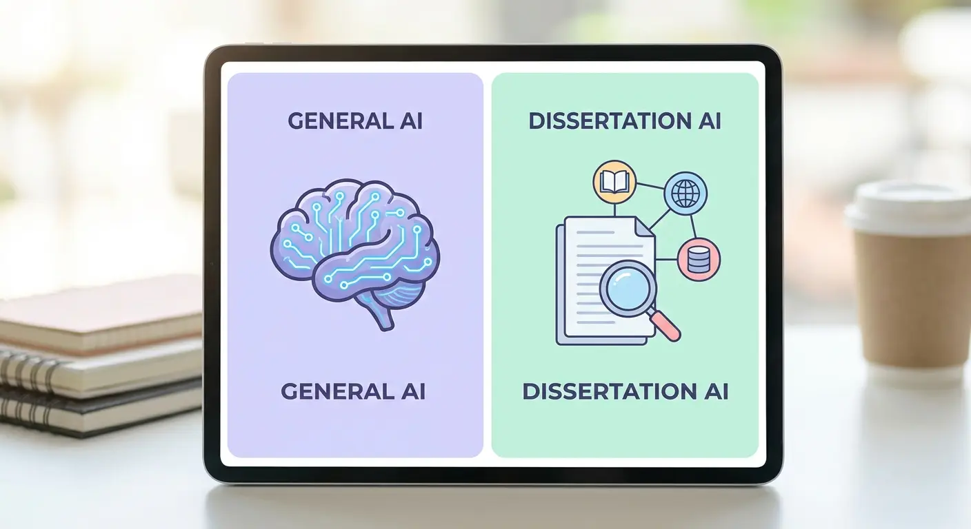 Comparison of general-purpose AI versus dissertation-specific AI tools showing citation management and scholarly database verification