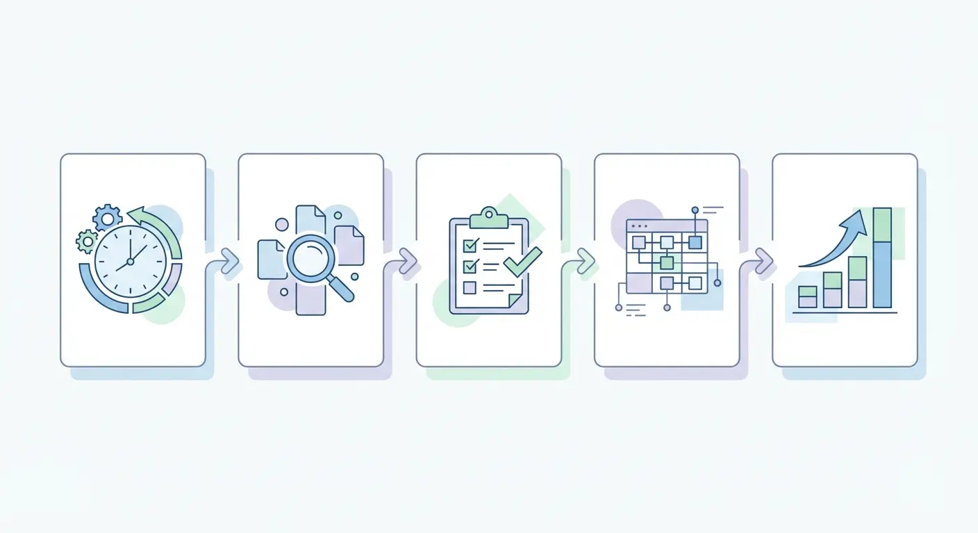 Five-stage systematic literature review workflow: Planning, Searching, Screening, Data Extraction, and Synthesis, shown as connected cards with abstract icons