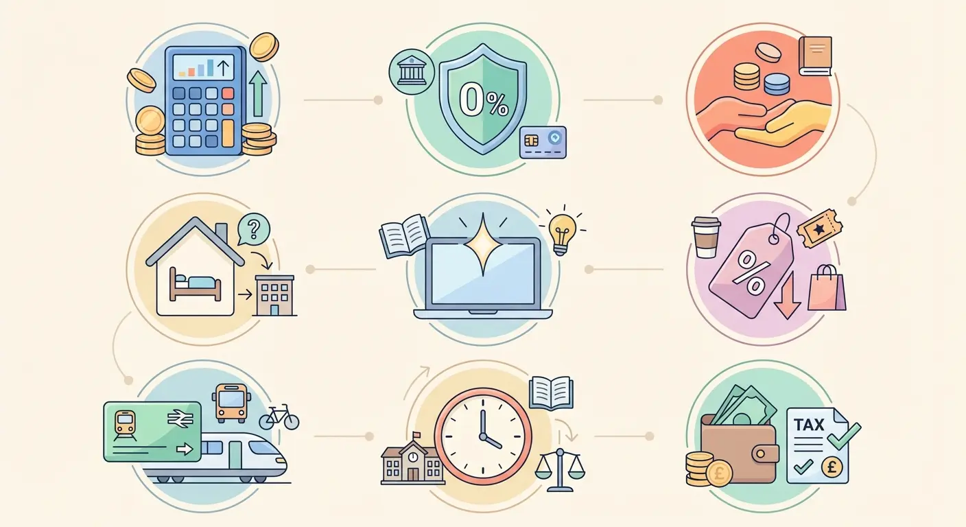 Student finance UK tips infographic showing nine money-saving strategies including maintenance loan optimisation, 0% overdraft accounts, hardship funds, accommodation savings, and free academic tools