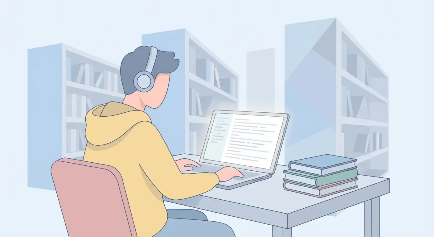 Student writing a thesis on a laptop in a university library surrounded by books