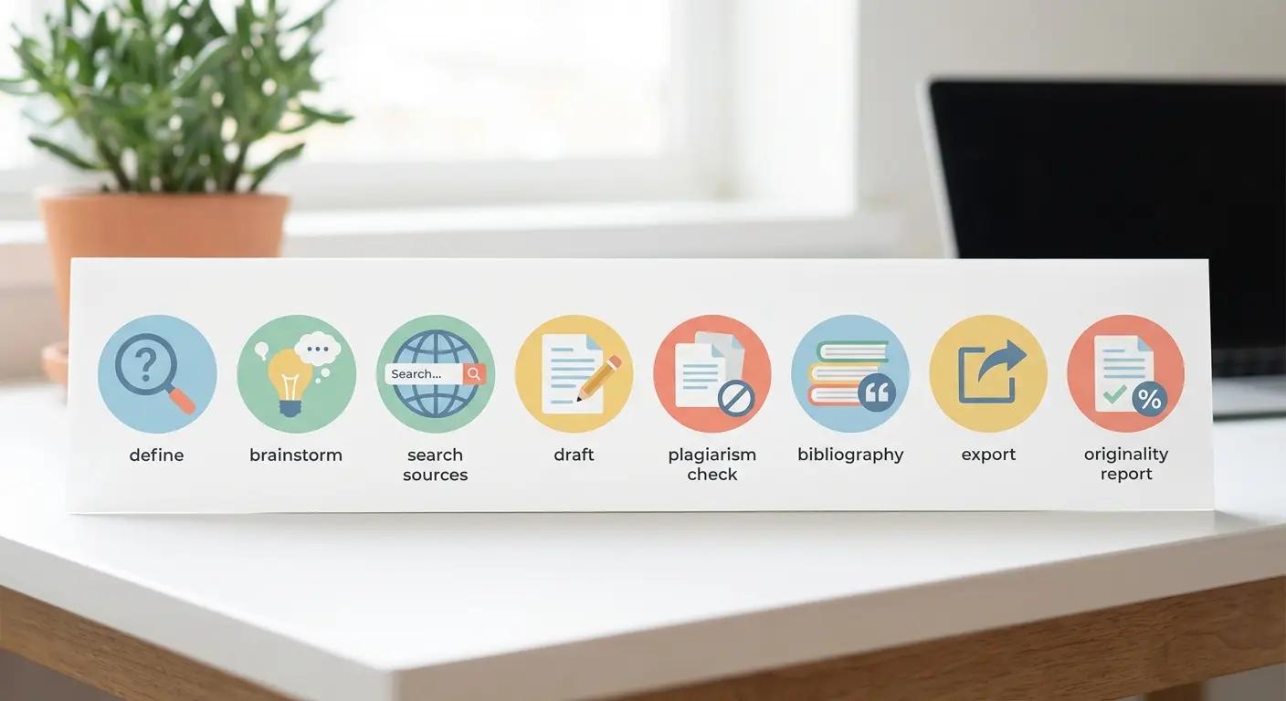 Step-by-step AI thesis writing workflow — eight stages from research question to certified originality report using ChatGPT and Tesify