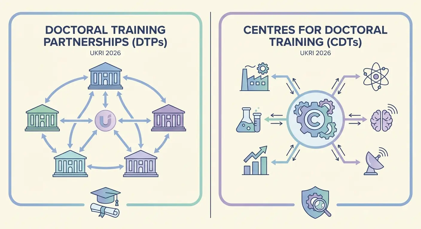 Comparison of UKRI Doctoral Training Partnerships (DTPs) and Centres for Doctoral Training (CDTs) for PhD funding UK 2026