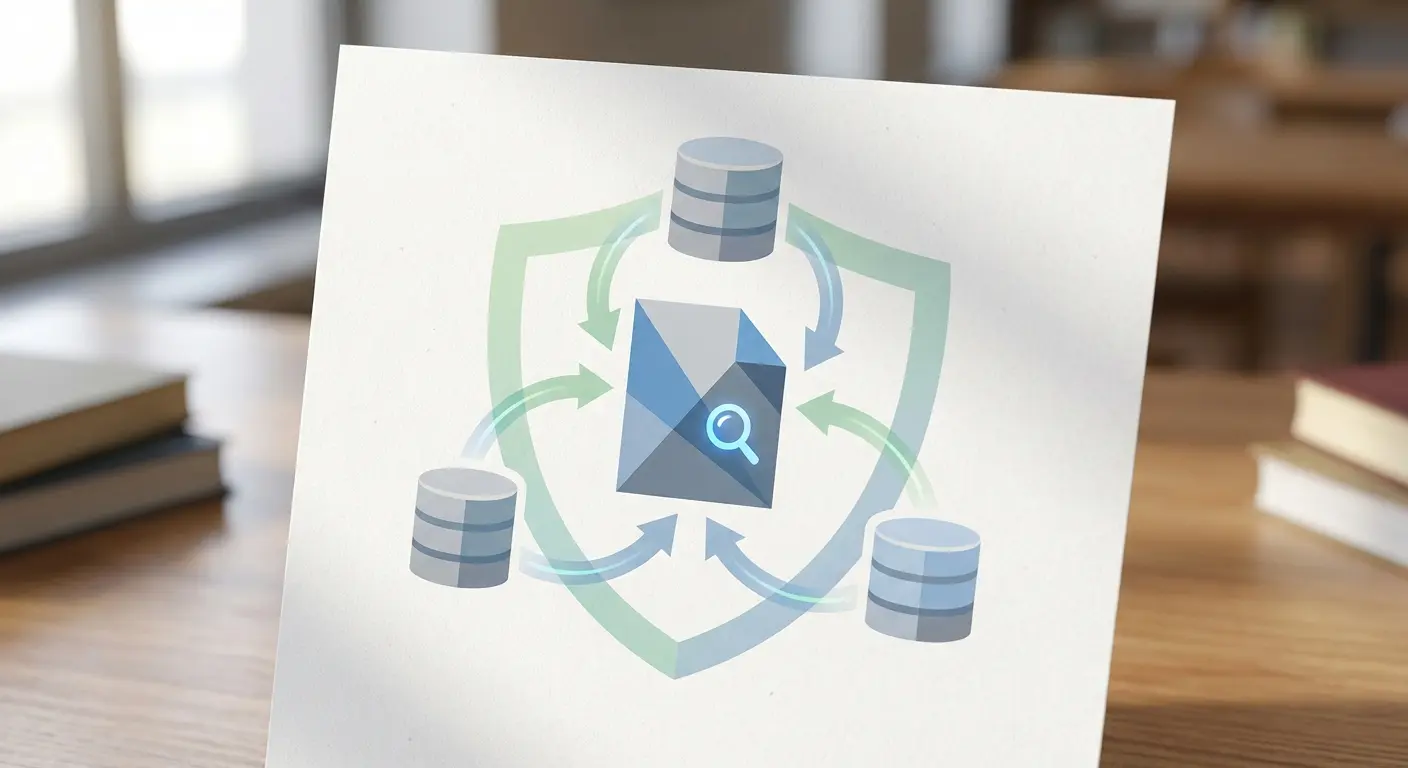 Infographic showing AI plagiarism checker comparing academic document against multiple scholarly source databases for originality verification