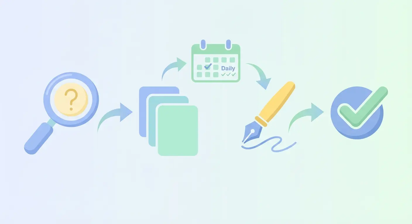 Dissertation writing flow diagram illustrating the 7-step fix — research question refinement, chapter outlining, daily writing, drafting, revision, supervisor conversation, and sharpening originality — in a clean vector style