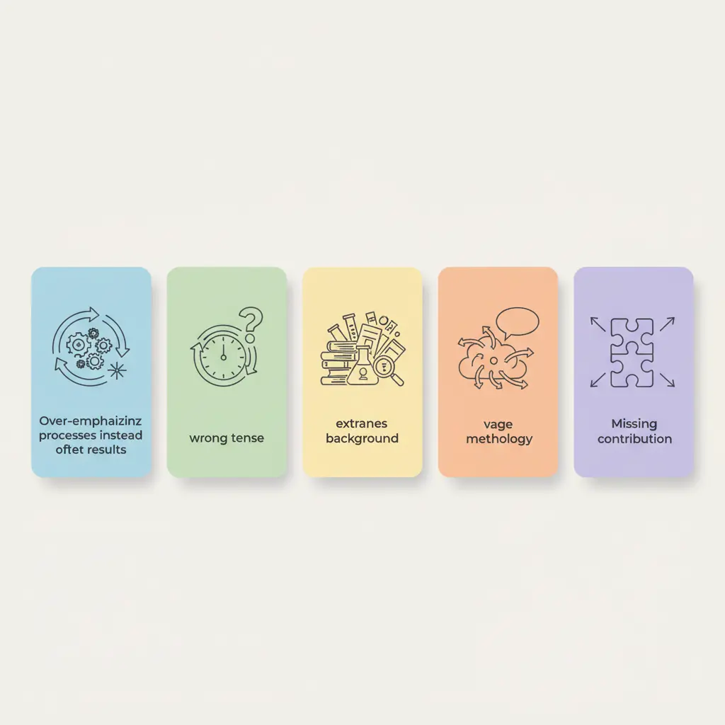 Common thesis abstract mistakes illustrated as icon panels: over-describing process, wrong tense, excessive background, vague methodology, and missing contribution