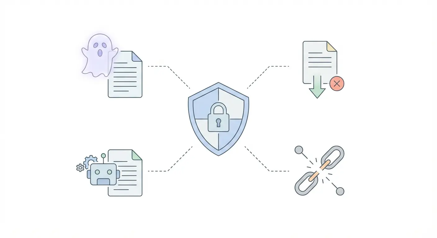Flat-vector infographic illustrating citation integrity risks in research methodology, including ghost authorship, AI-assisted writing attribution, retracted sources, and misattribution pitfalls