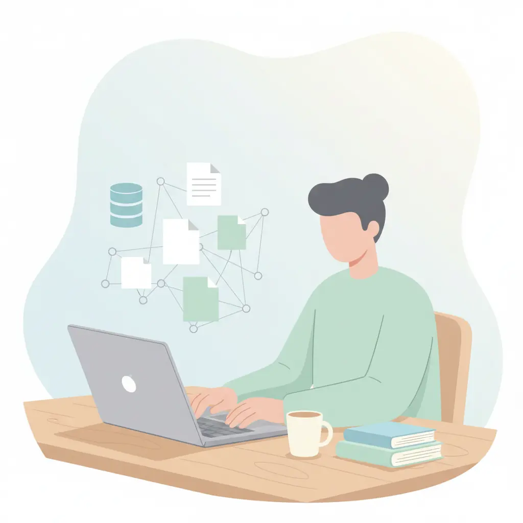 Student using an automatic bibliography generator on a laptop, with academic database icons floating above the screen representing verified metadata retrieval