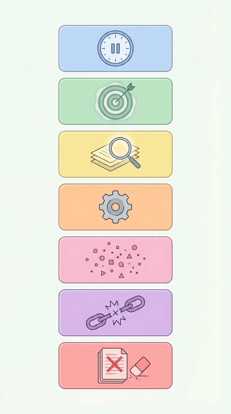Infographic illustrating seven common thesis writing mistakes including late start, vague research questions, and skipped revision