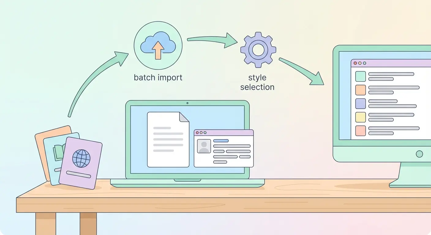 Free citation generator dissertation workflow showing source collection, batch import, and auto-generated bibliography inside a thesis editor