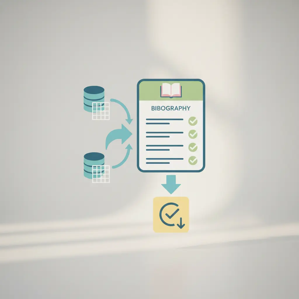 Automated bibliography workflow showing academic databases feeding into a verified citation list for dissertation writing