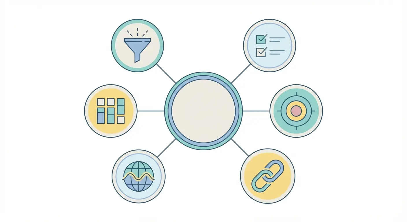 Six types of bias in systematic literature reviews illustrated as an infographic: publication bias, selection bias, extraction bias, reporting bias, language bias, and citation bias