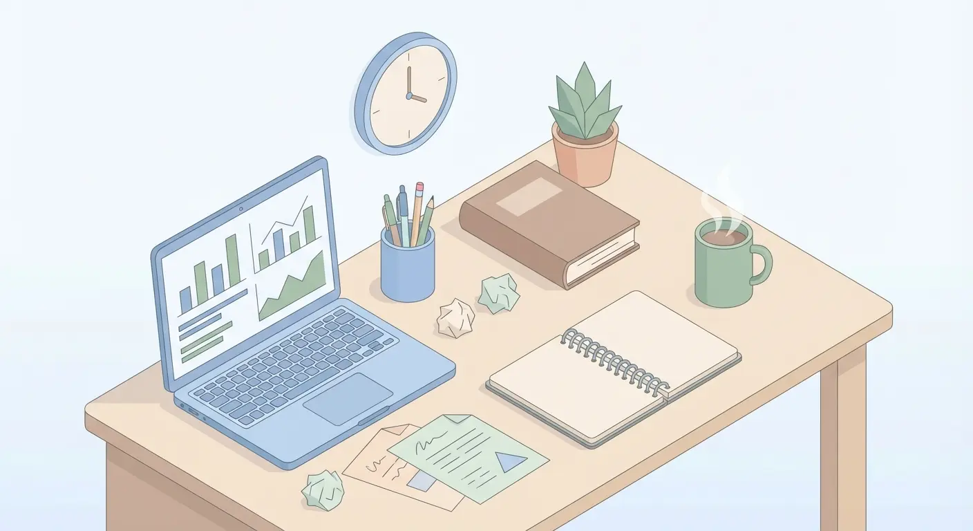 University desk setup for writing a thesis proposal, showing a laptop, open notebook, draft pages and reference books