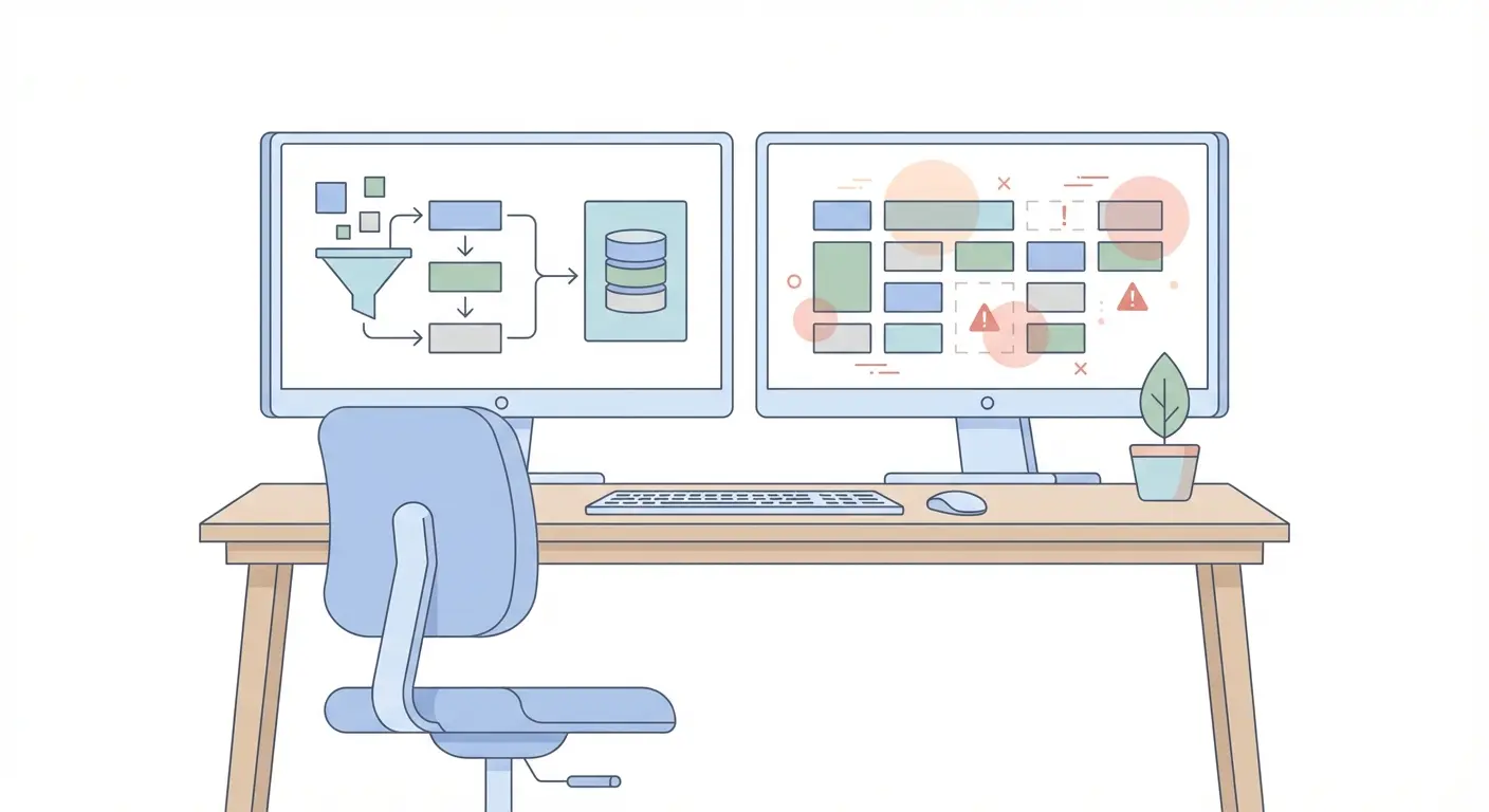 Database metadata flowing into a reference manager with misaligned and missing fields highlighted, illustrating academic citation data quality issues