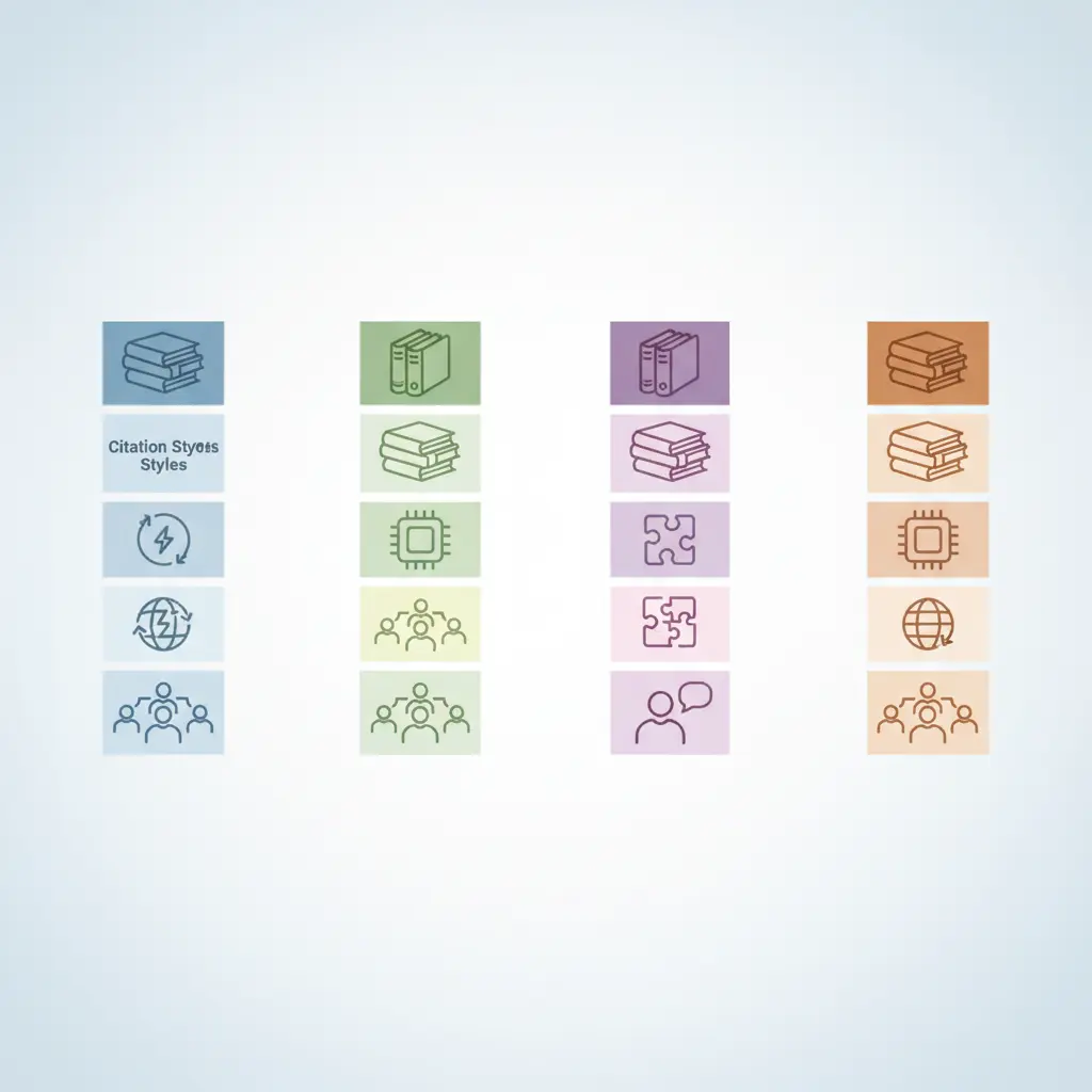 Flat-vector infographic comparing four reference management tools across citation styles, open-source status, browser integration, and collaboration features