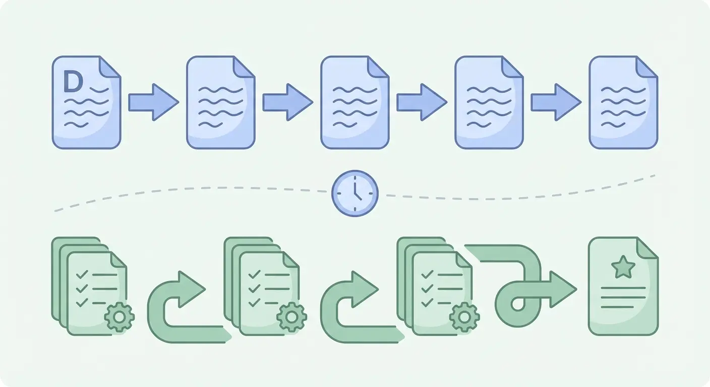 Two-pass drafting and editing flowchart for dissertation writing, illustrating separate forward-moving drafting stage and delayed revision stage