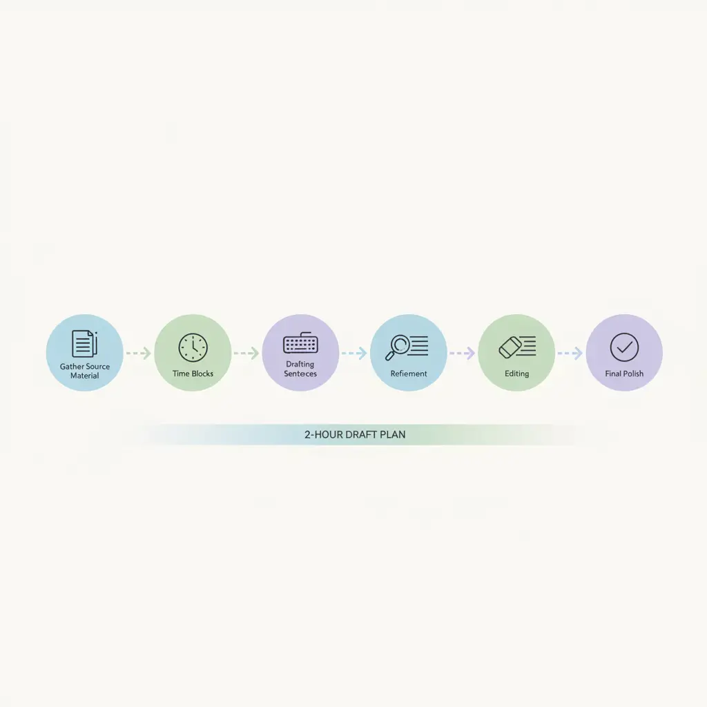 Two-hour thesis abstract drafting plan showing six timed steps from gathering source material to final polish