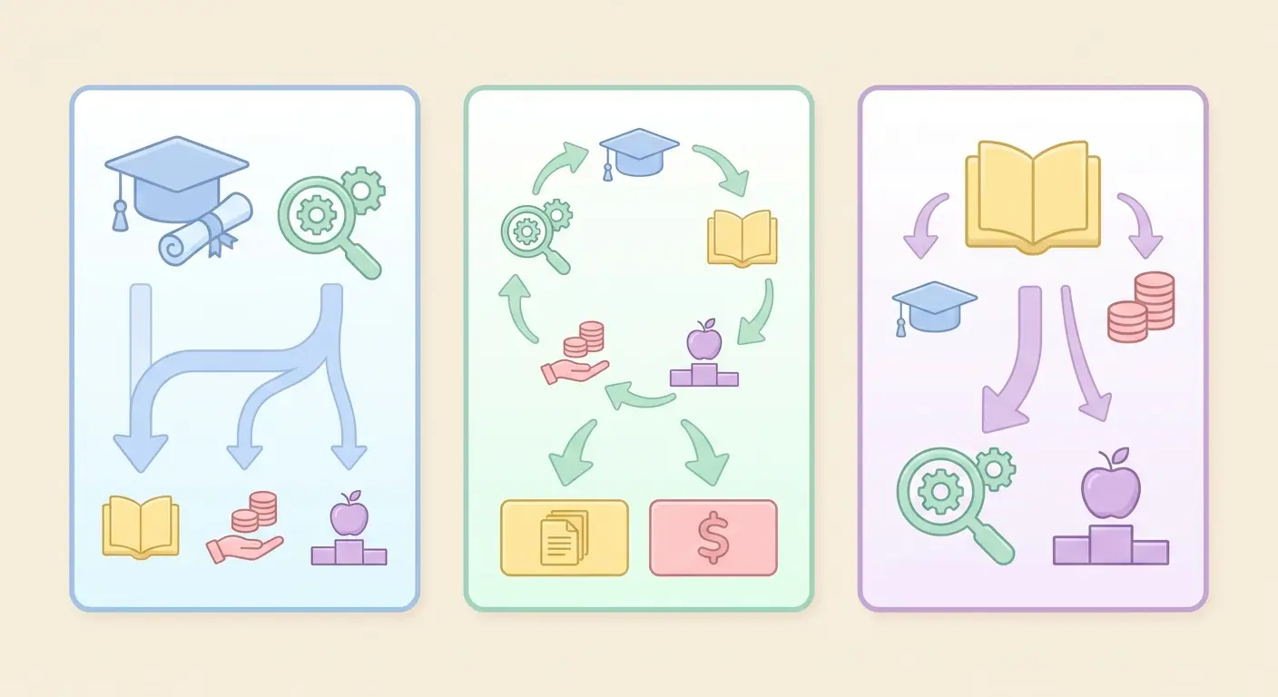 Side-by-side visual comparison of academic CV section ordering and priorities for UK, US, and Australian university applications