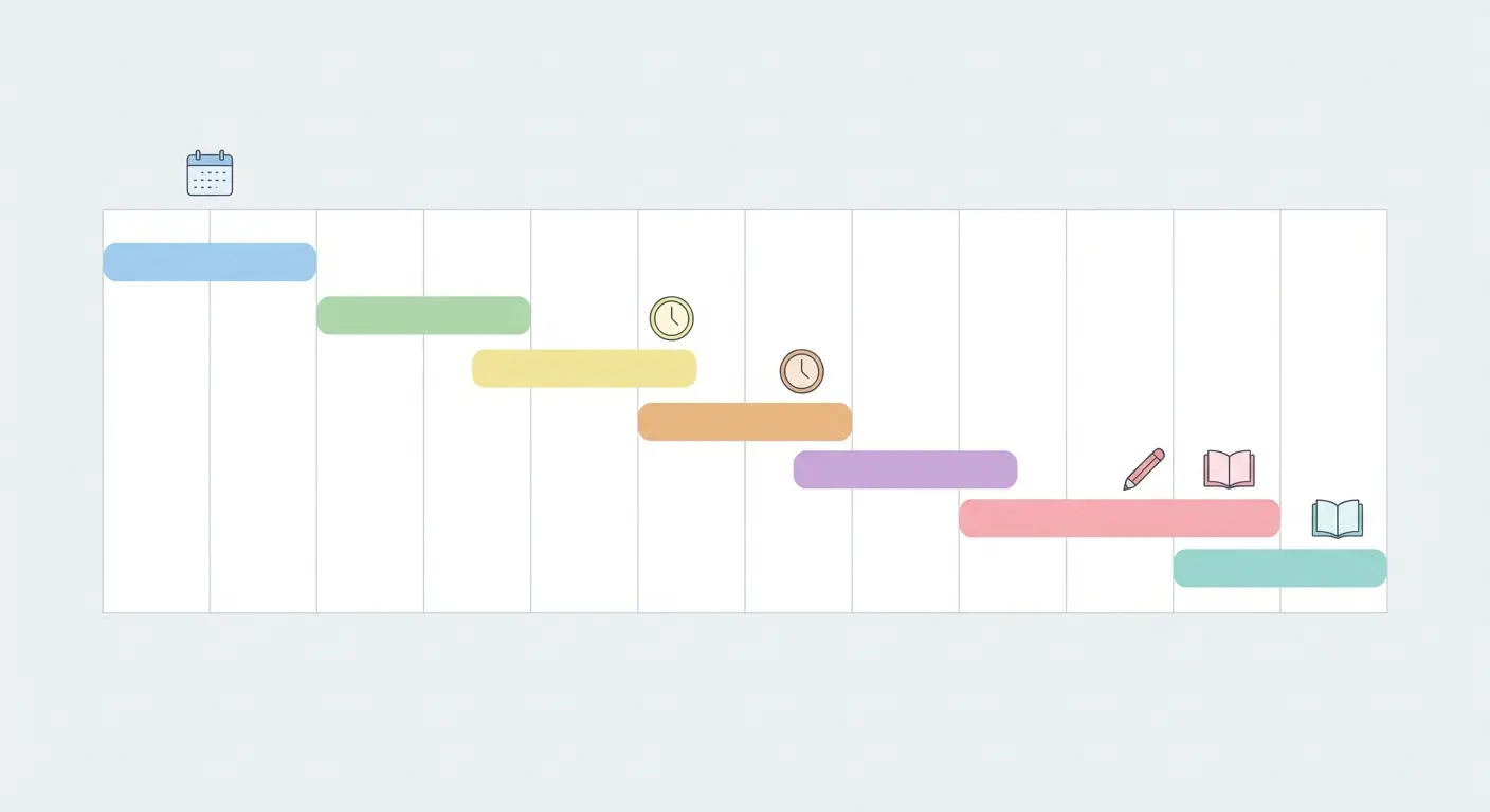 Gantt chart timeline illustrating a 12-month thesis writing schedule, from planning and literature review through to editing and submission