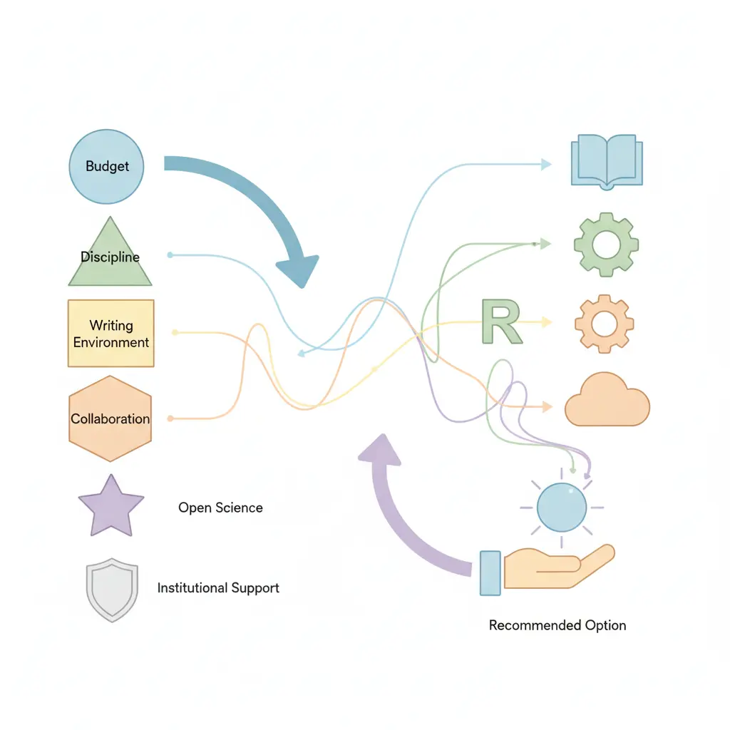 Decision framework infographic for choosing a reference management tool in academic research, showing criteria including budget, discipline, writing environment, collaboration needs, and institutional support