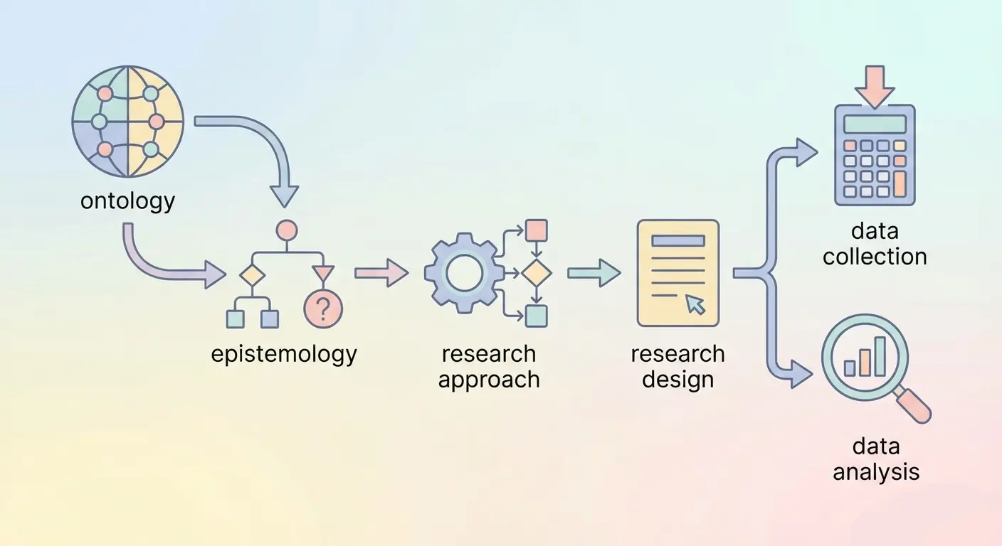 Research design alignment flowchart showing how philosophical position flows through epistemology and ontology into research design and data collection decisions