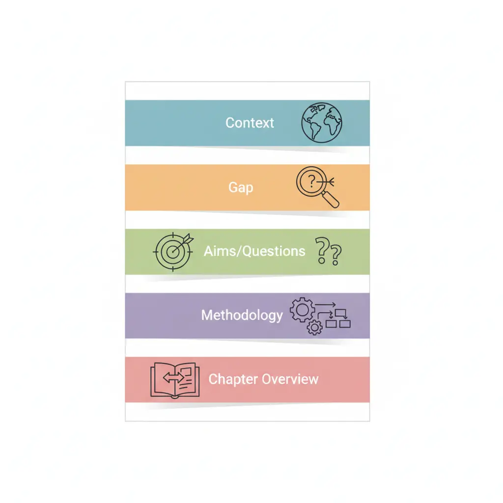 Five-step roadmap infographic for writing a thesis introduction, showing connected nodes for context, research gap, aims, methodology, and chapter overview