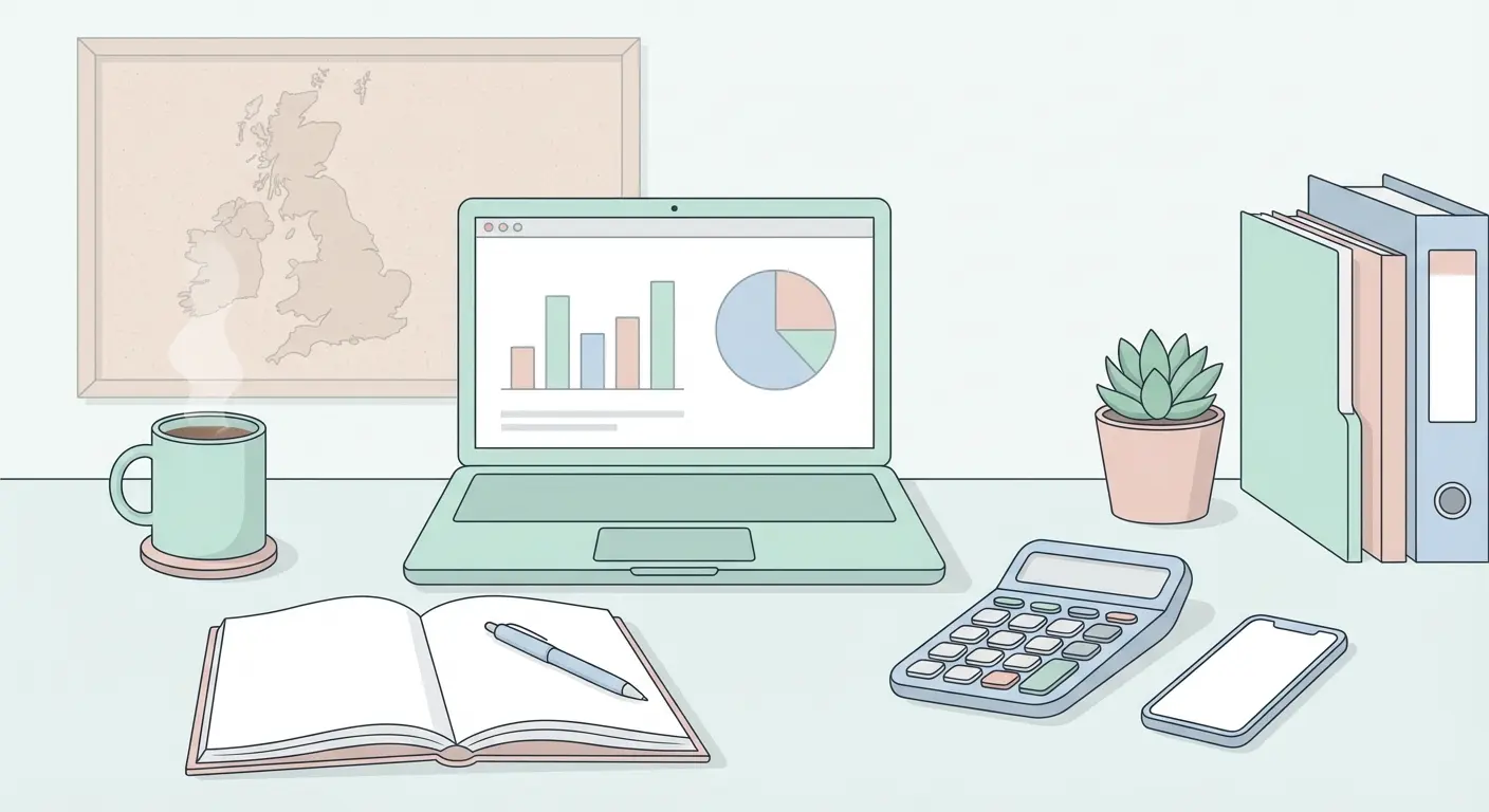UK student budget planning desk with laptop, notebook, calculator and finance tools