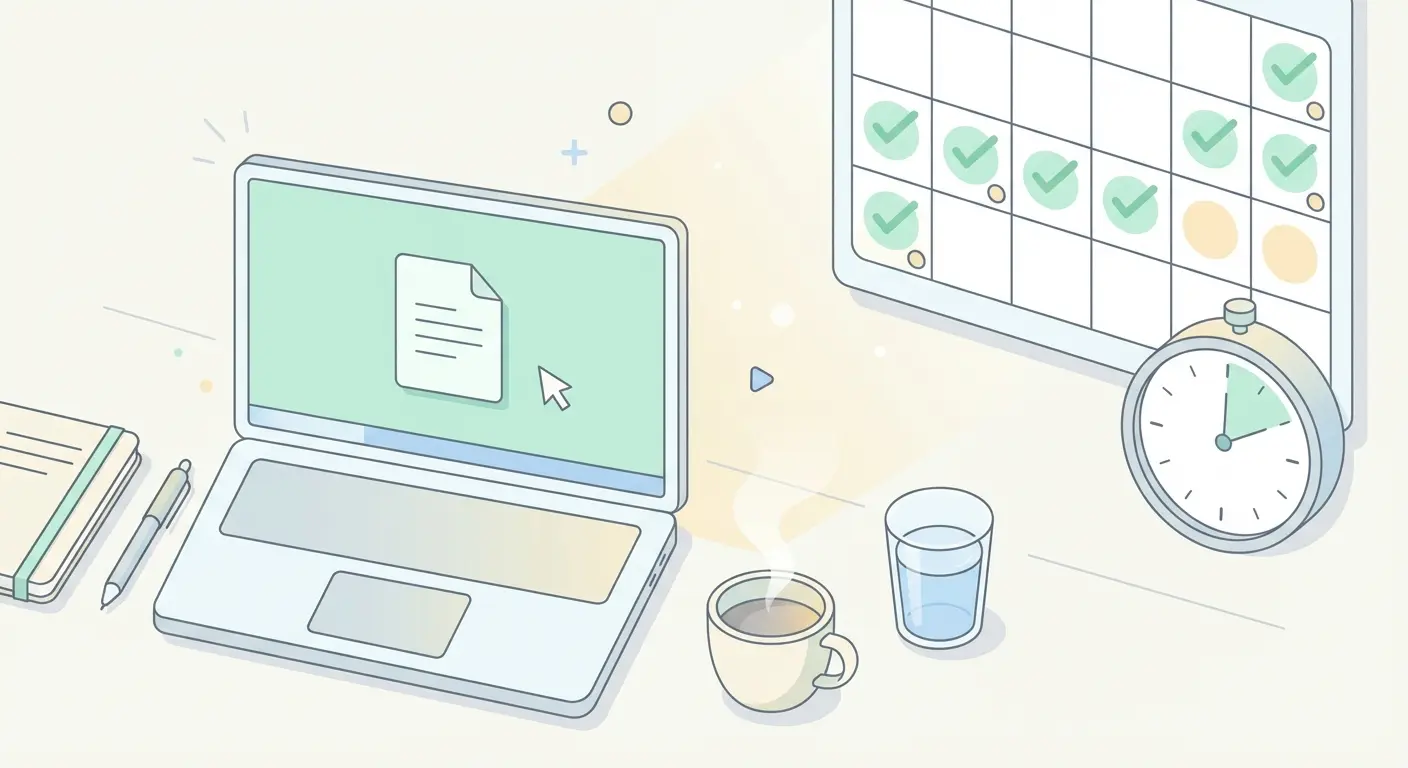 Flat vector illustration of a tidy desk setup with laptop, notebook, and writing habit calendar representing daily thesis writing routine