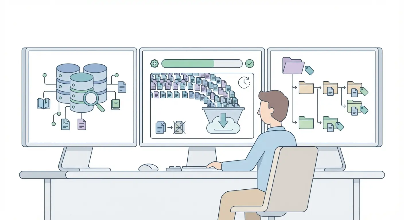 Researcher at desk with three monitors showing reference library database, bulk import progress bar with thousands of documents, and nested folder structure for organised citation management workflow