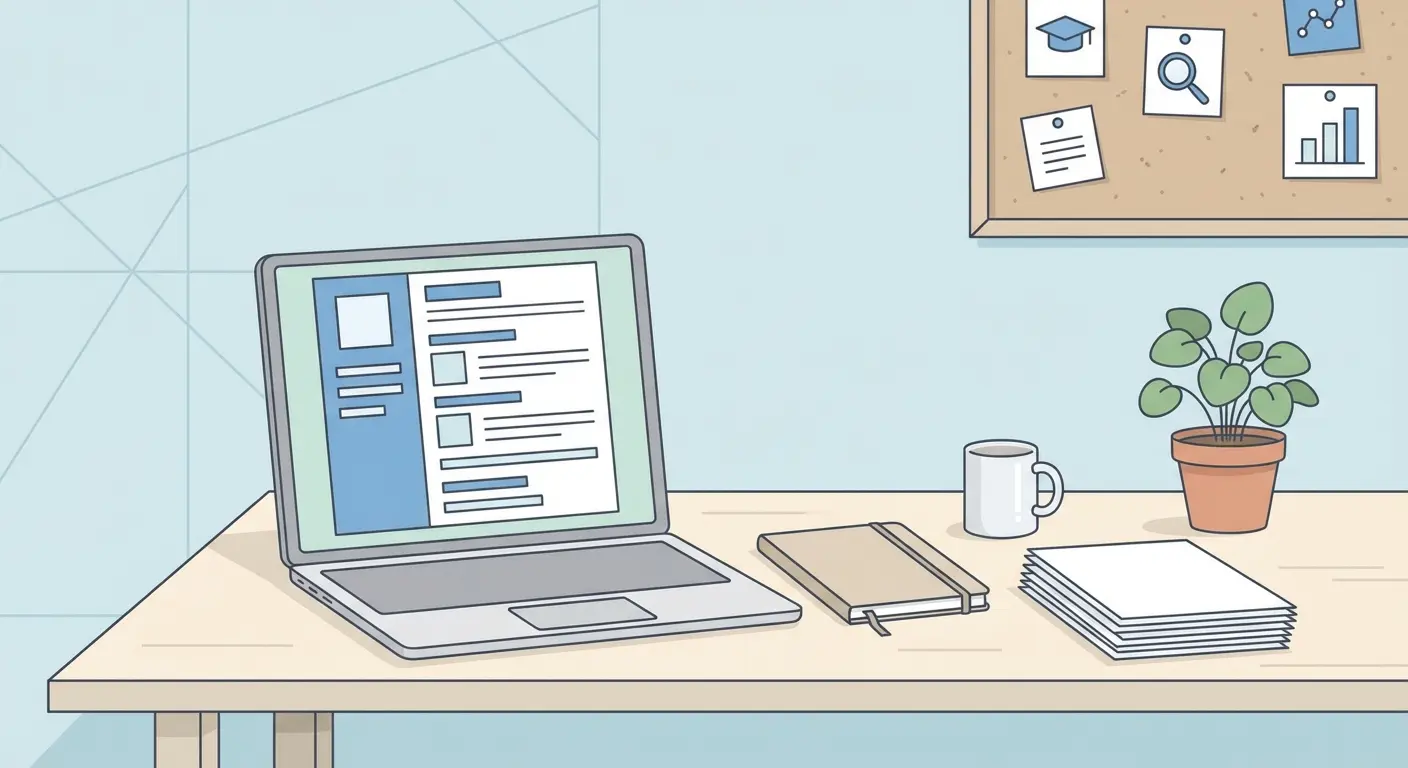 Professor's desk with open laptop displaying an academic CV template layout, notebook, and research papers — illustrating CV preparation for university admissions