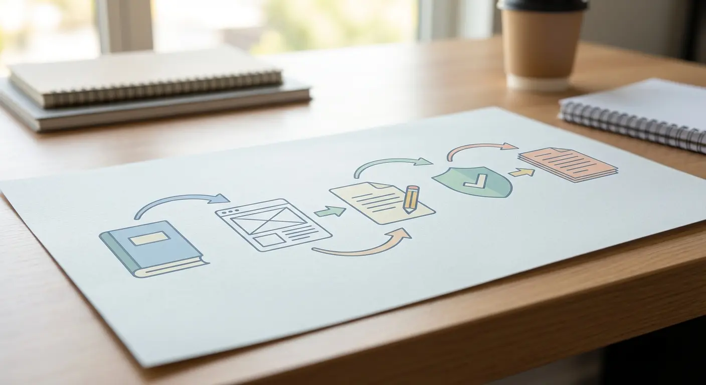 Five-step AI thesis writing workflow diagram showing source foundation, argument skeleton, draft blocks, plagiarism check, and citation export stages