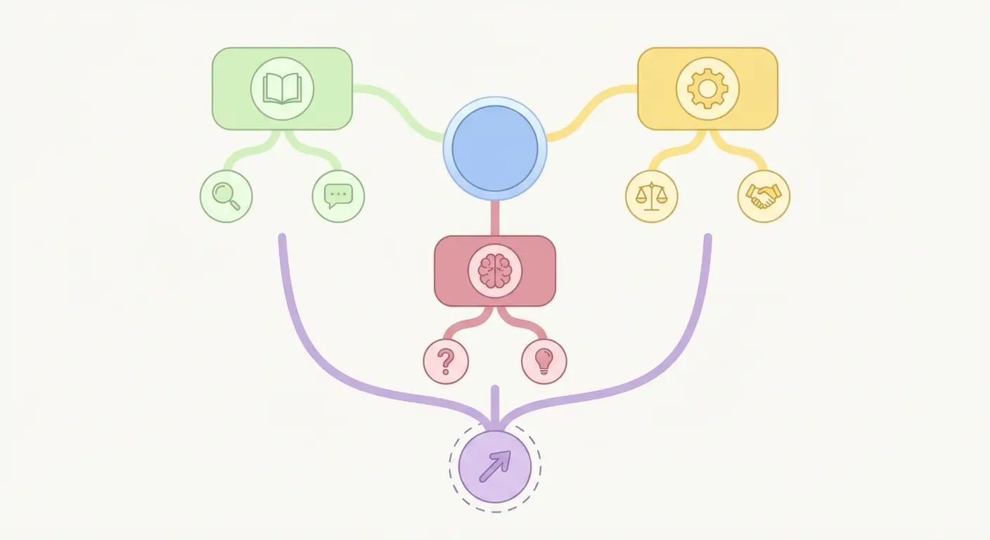 Literature review thematic structure mind-map for dissertation writing, showing three core themes connected to a central hub with a final node identifying the research gap