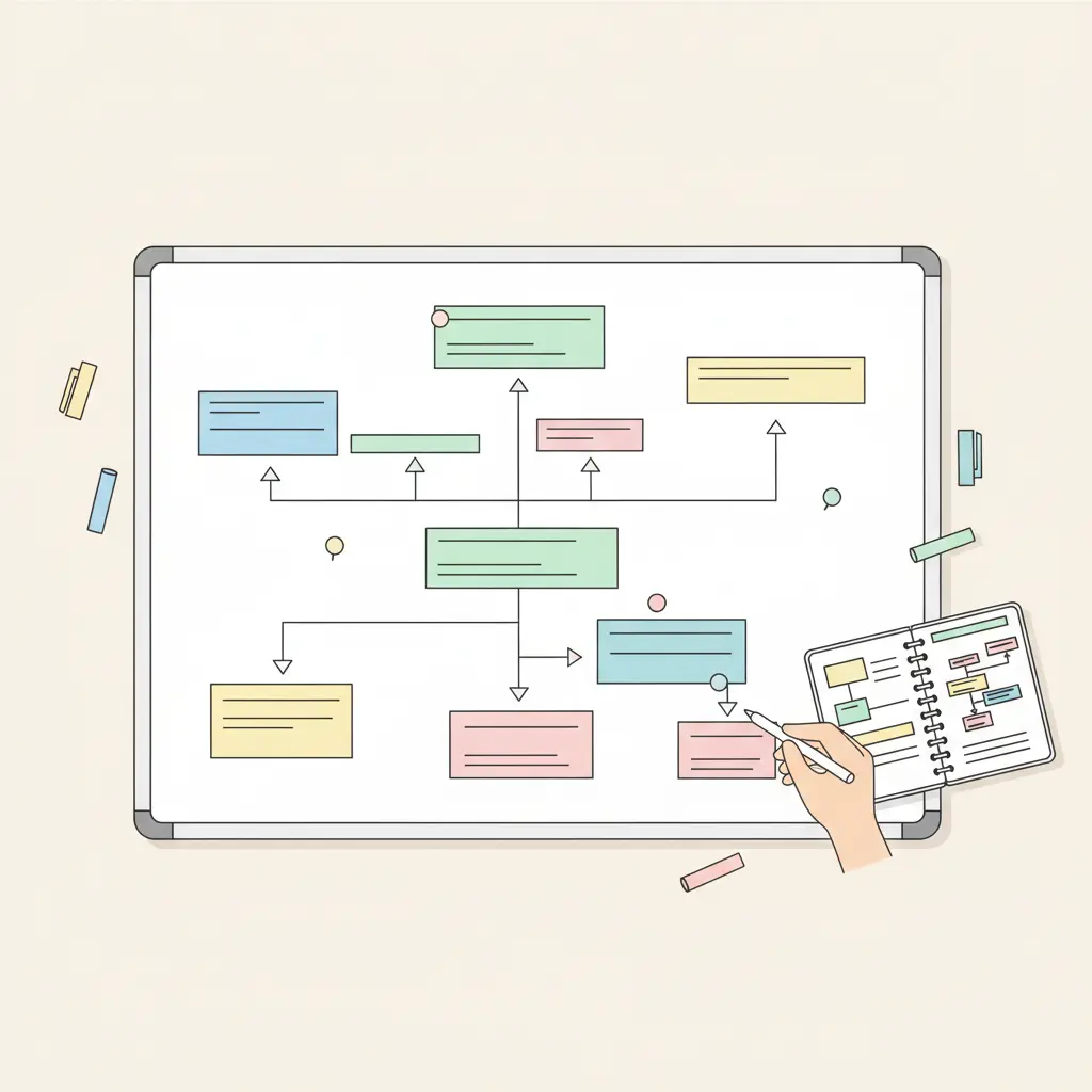 University student planning dissertation writing at a tidy desk with laptop, notebook outline, and calendar