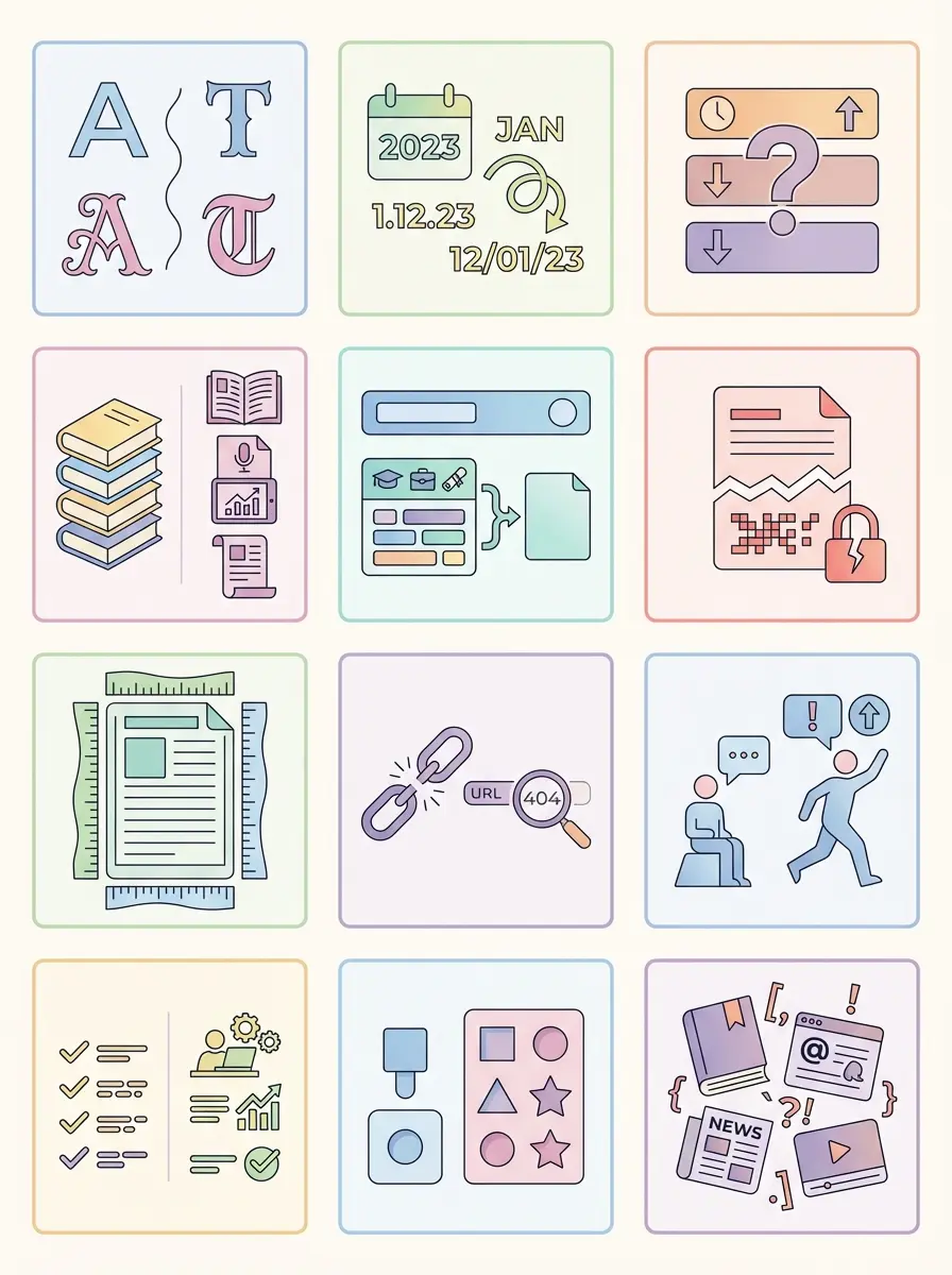 Grid infographic illustrating twelve common academic CV formatting errors including font choice, date formatting, passive voice, and PDF rendering issues