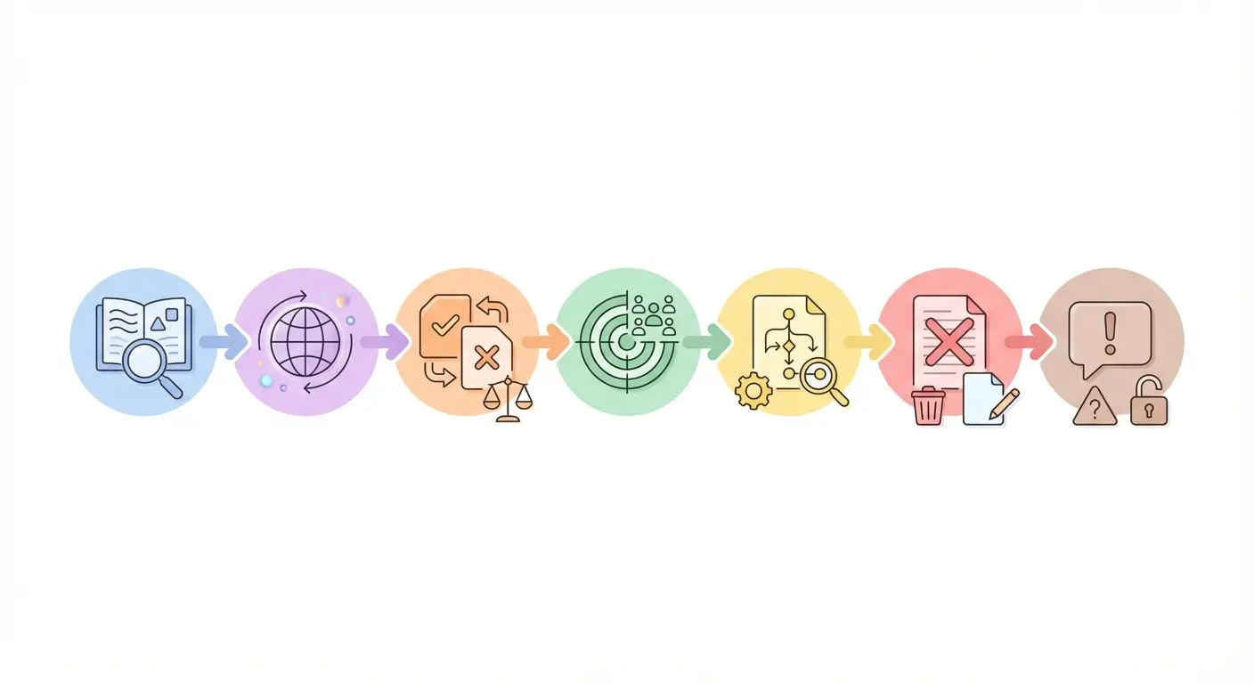 Step-by-step methodology chapter fix infographic showing seven sequential stages from auditing existing text through to writing honest limitations