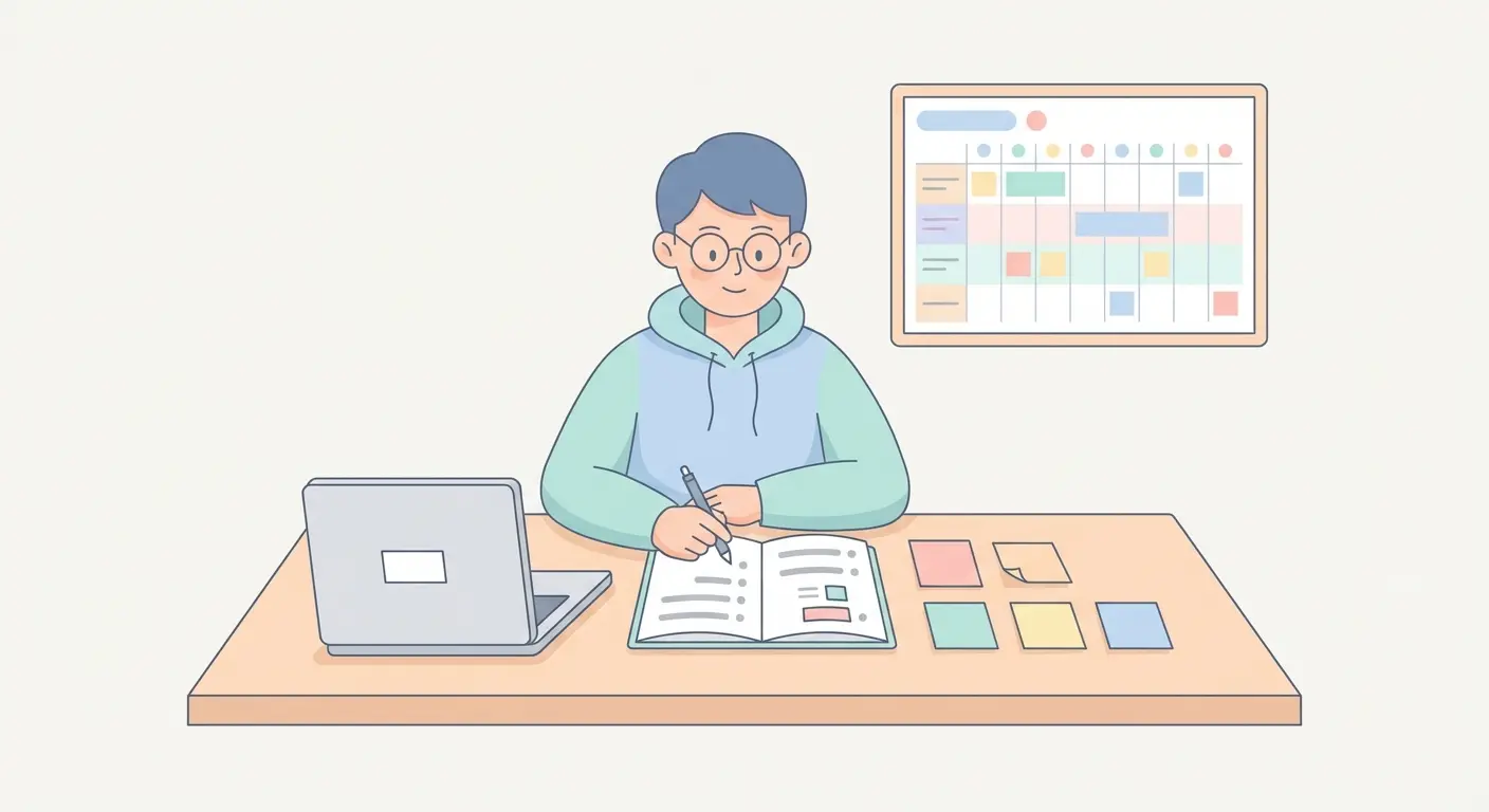 Graduate student drafting a dissertation chapter outline at a tidy desk with sticky notes and a planning calendar — 10-day writing sprint