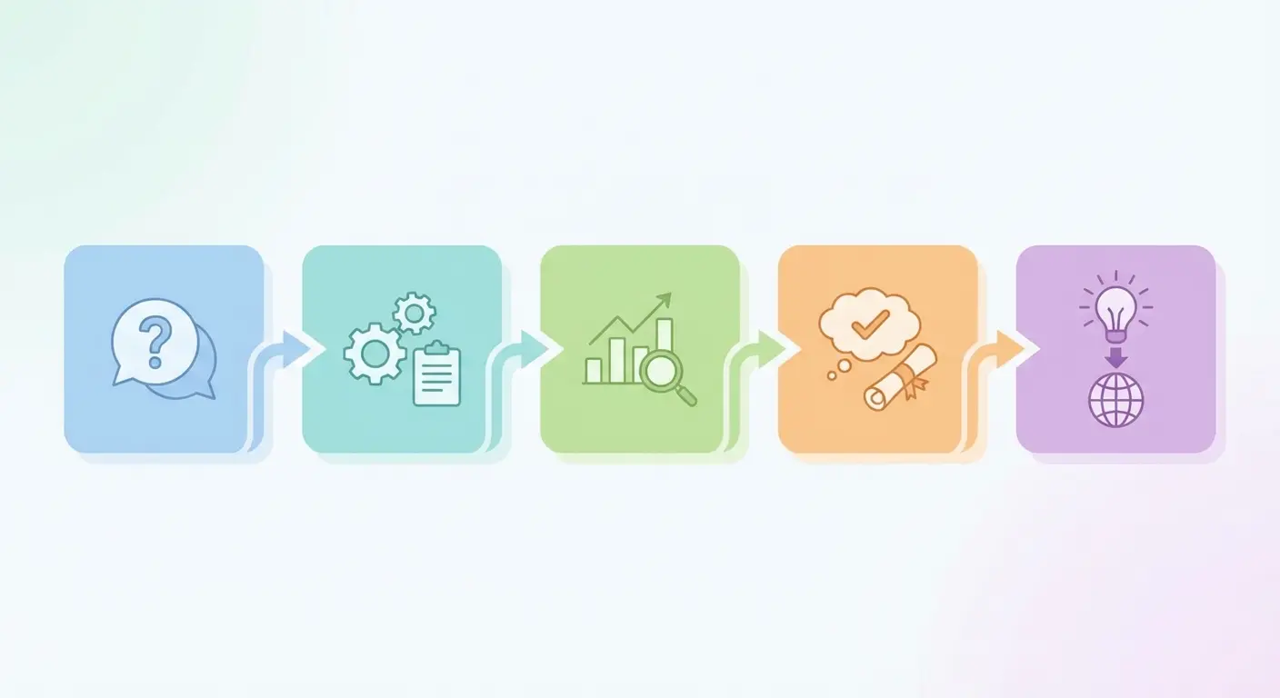 Five components of a strong thesis abstract illustrated with colour-coded icons representing research problem, methodology, key findings, conclusions, and implications