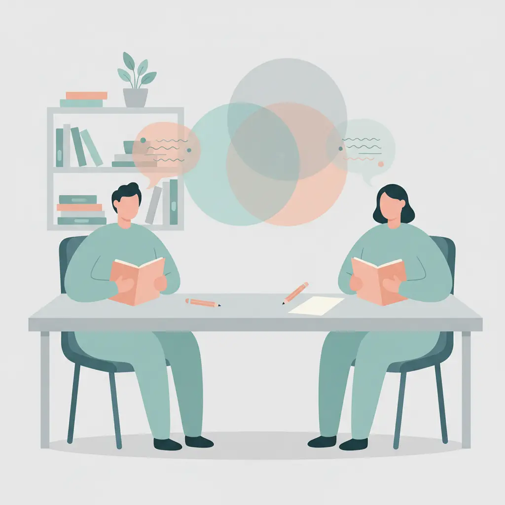 Illustration of paraphrase plagiarism in academic writing — two figures with overlapping ideas showing mosaic plagiarism and the need for proper citation and synthesis