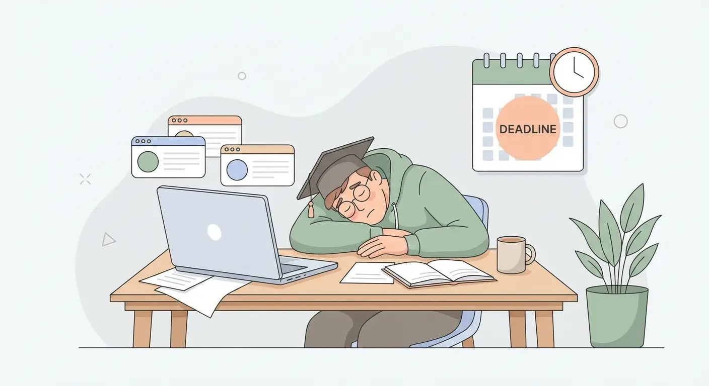 Stressed graduate student at a desk with an open laptop, scattered papers, and a deadline calendar — illustrating the time pressure and cognitive overhead of dissertation writing