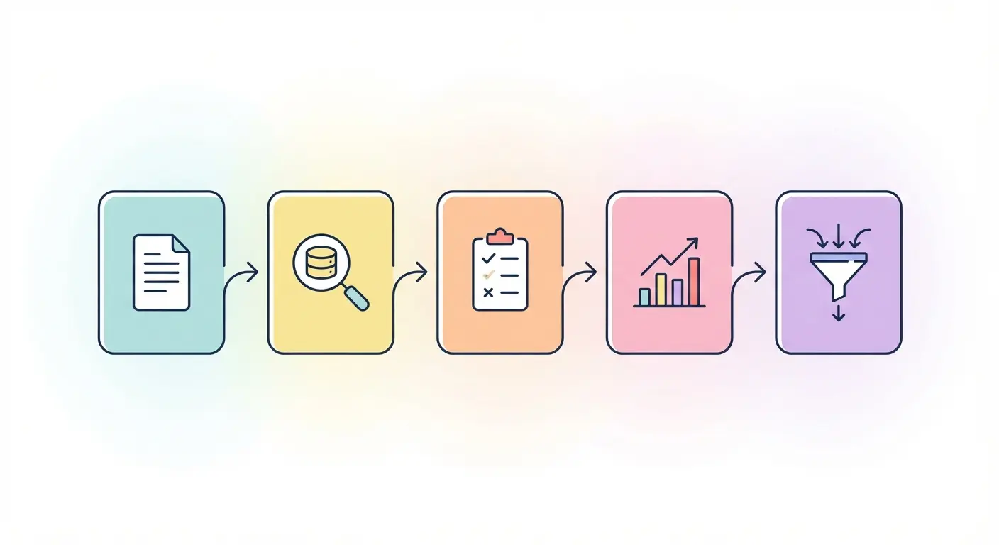 Systematic literature review bias-reduction workflow showing five connected phases: protocol development, search execution, screening, data extraction, and synthesis
