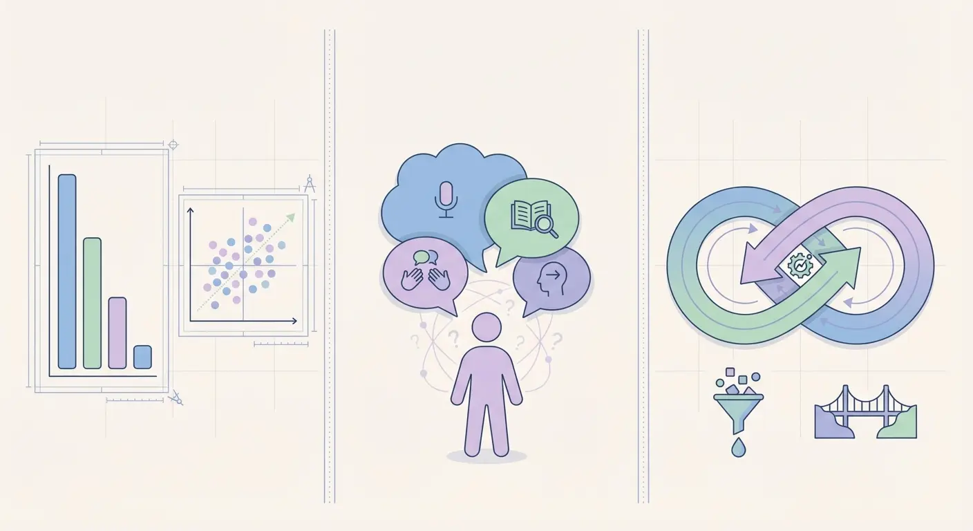 Three research methodology types illustrated as flat vector icons: bar charts for quantitative, speech bubbles for qualitative, and interlocking arrows for mixed methods