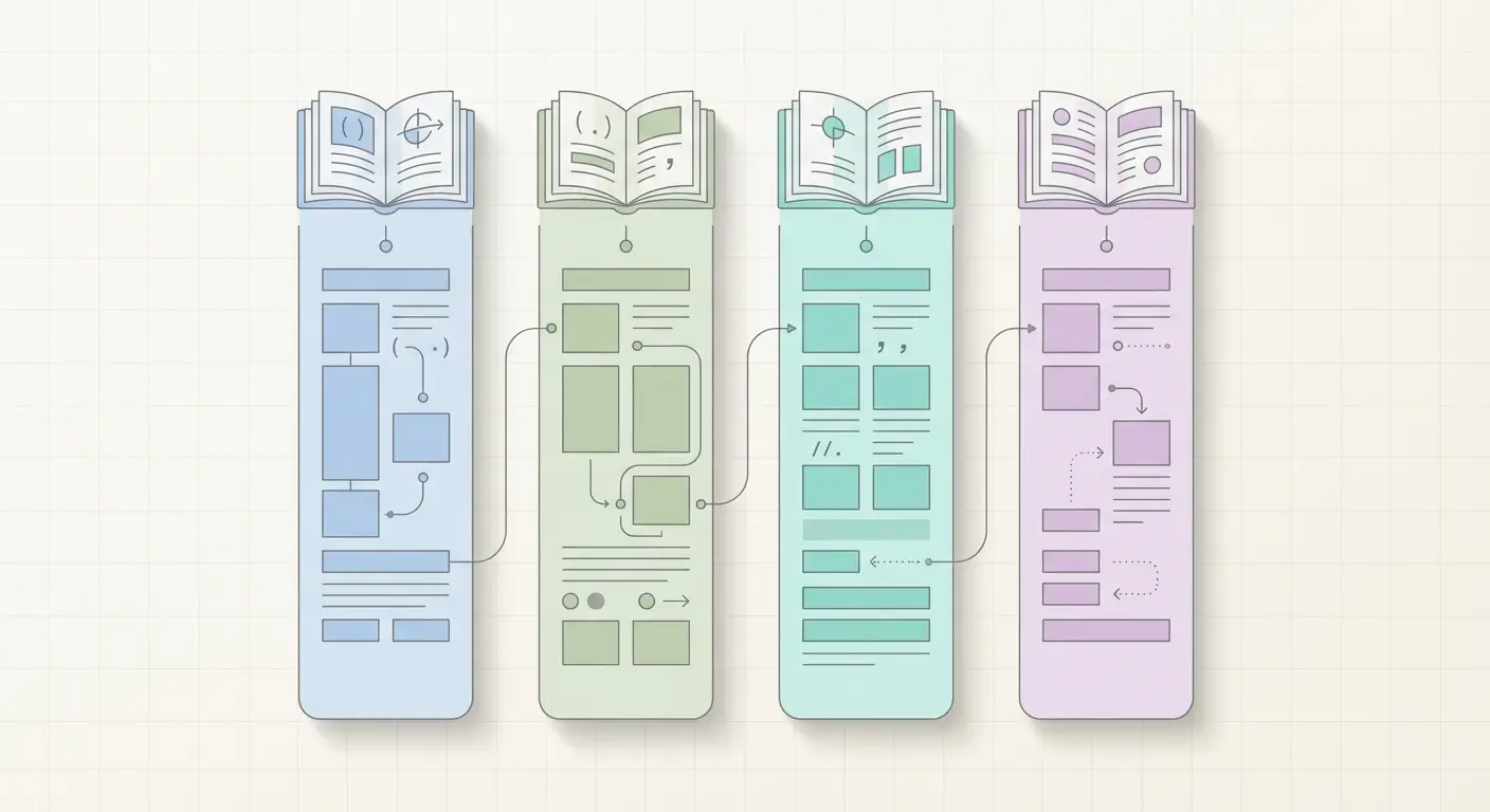 Abstract comparison of APA, MLA, Chicago, and Harvard citation styles shown as color-coded columns with book icons representing different disciplinary conventions