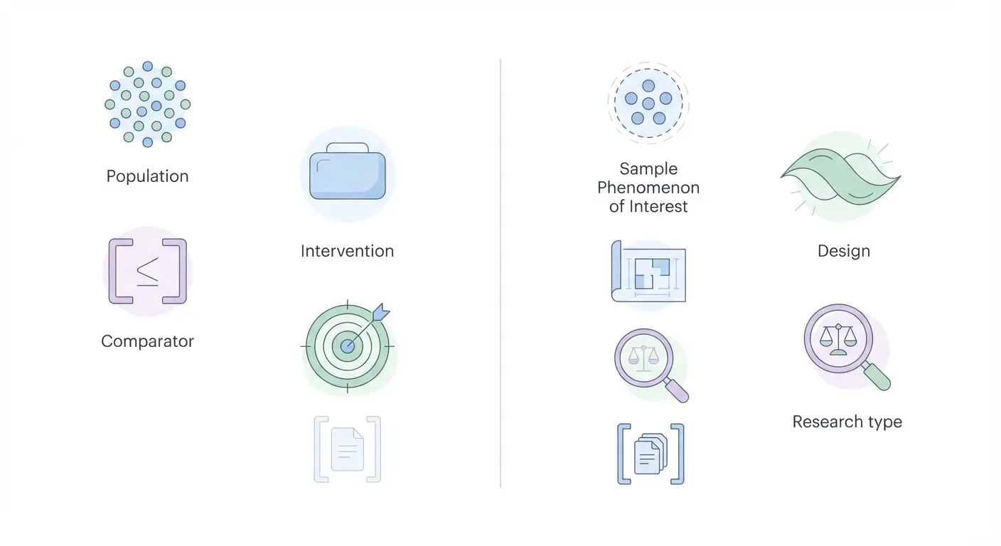 Side-by-side comparison of PICO and SPIDER research question frameworks for systematic literature reviews, showing abstract icons for each component